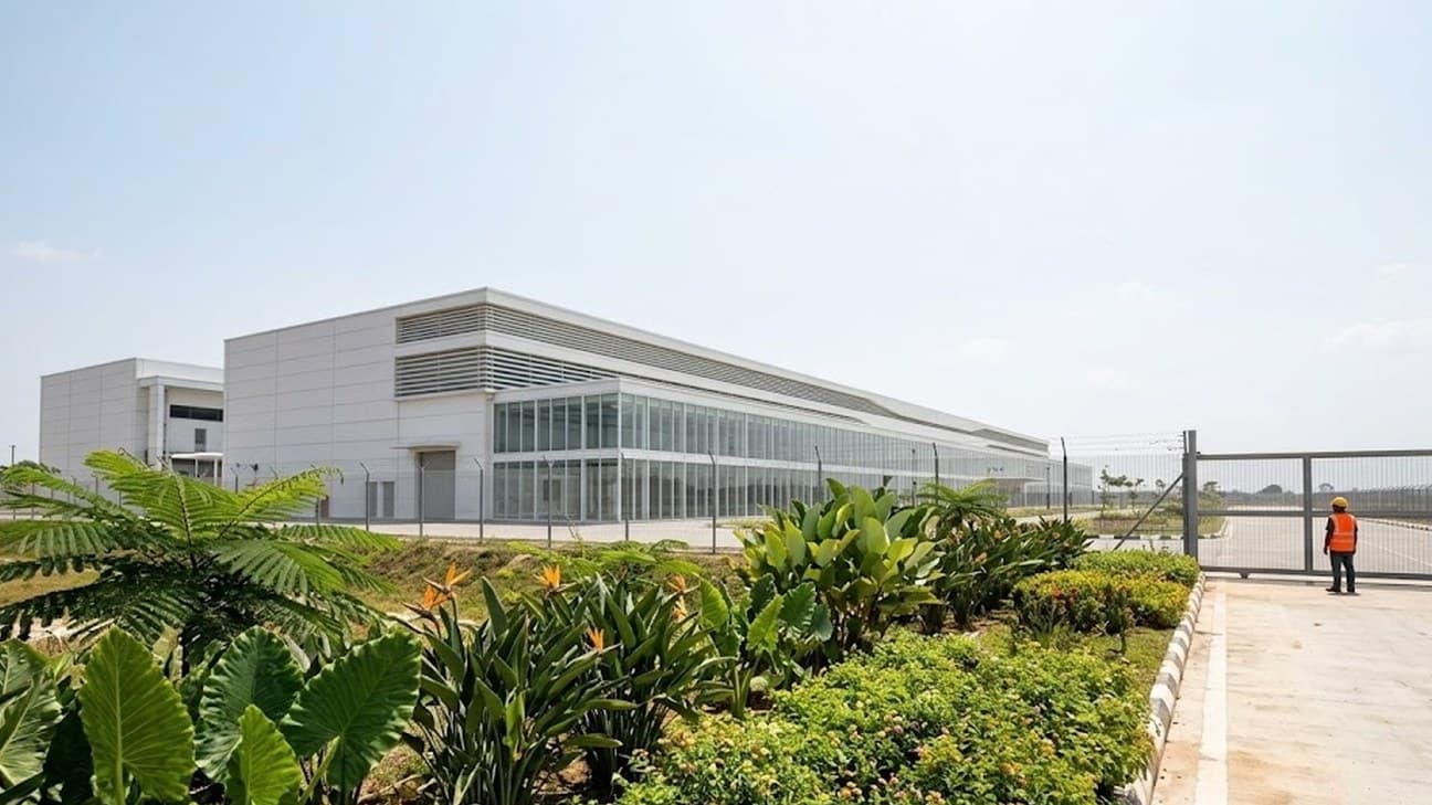 Photorealistic photograph of a modern white low-rise data centre building in Malaysia under hard midday sun, tropical landscaping and a security perimeter fence in the foreground, a lone hi-vis-vested worker standing near the site entrance gate with their back to the camera.
