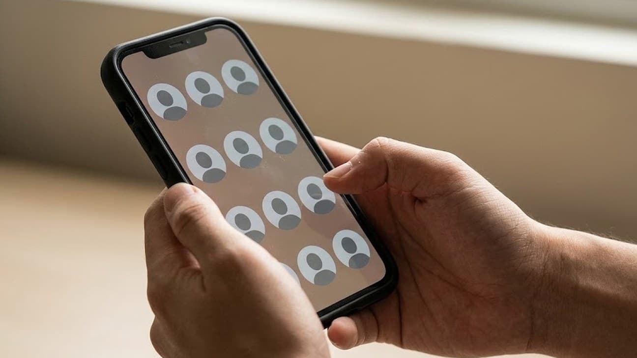 Close-up photorealistic photograph of anonymous hands holding a smartphone displaying a grid of generic, faceless profile avatars, evoking a coordinated network of automated social media accounts.