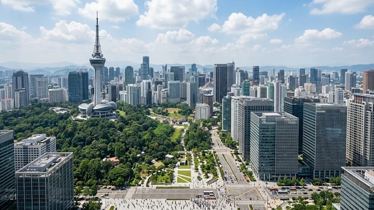 Photorealistic aerial photograph of a modern Southeast Asian capital's financial and technology district under bright midday sun, dense glass office towers rising beside a landscaped park and a wide plaza where anonymous pedestrians cross far below.