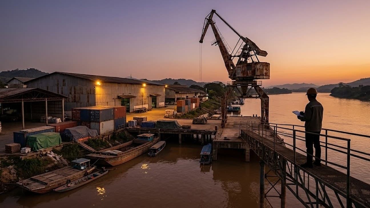 Photorealistic photograph of a river cargo port on a wide brown river in Southeast Asia's Golden Triangle border region at dusk, warehouse floodlights lit against a fading orange sky, cargo containers and moored wooden barges along the bank, a lone dockworker in silhouette standing on a gantry catwalk beside a rusted loading crane.