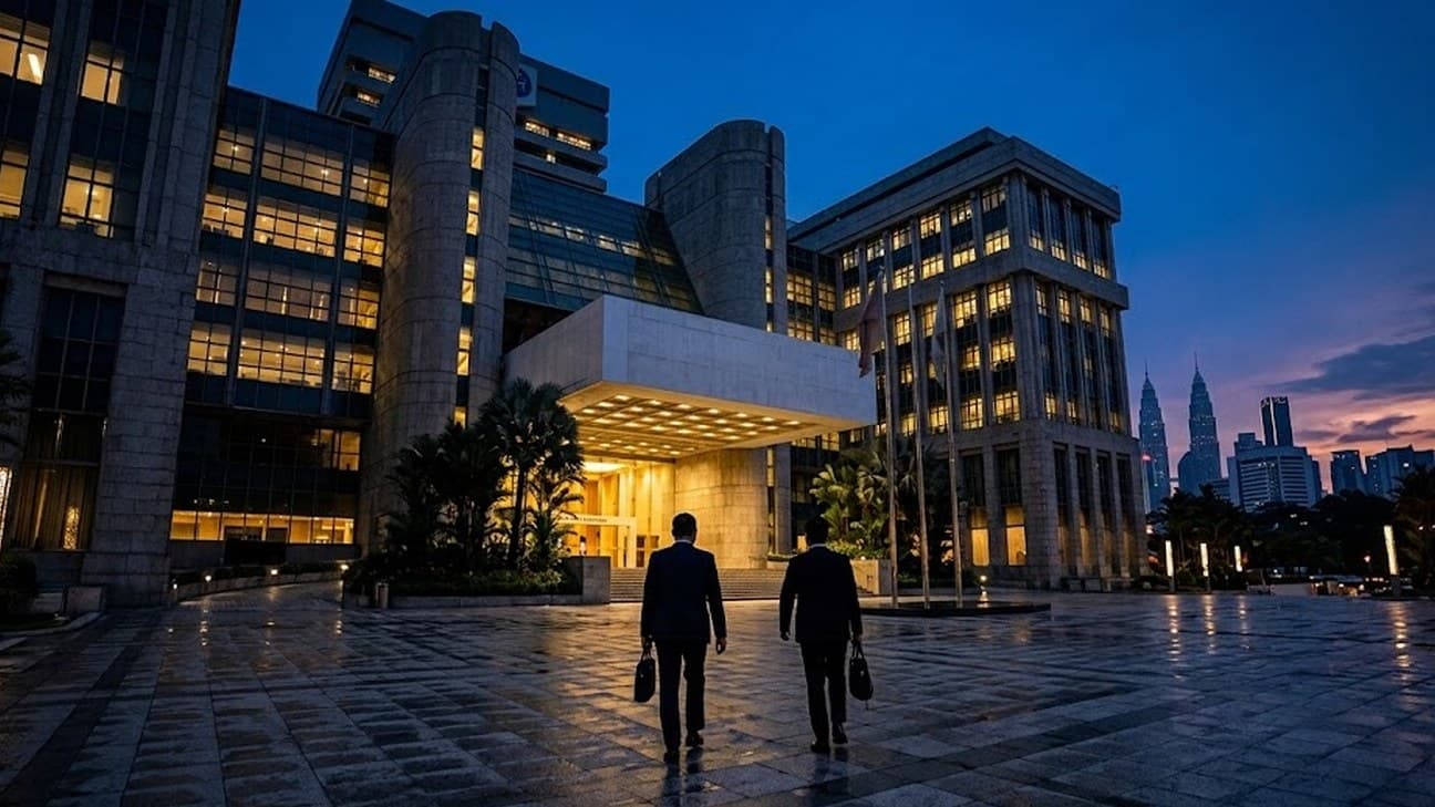 Photorealistic photograph of a central bank headquarters exterior in Kuala Lumpur at pre-dawn blue hour, illuminated stone-and-glass facade against a darkening sky with the city skyline behind, two office workers in silhouette crossing the forecourt toward the entrance.