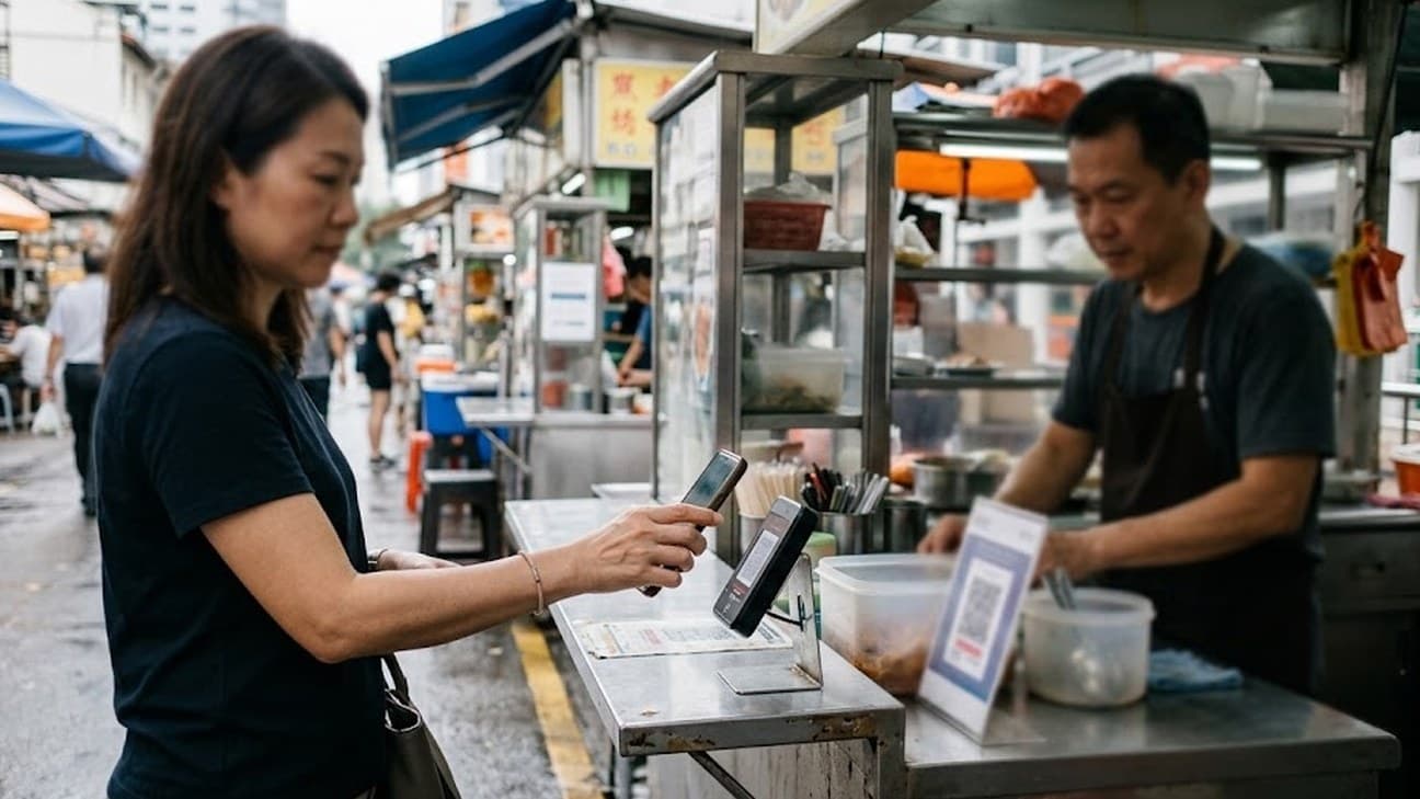 Photorealistic photograph of a customer paying via QR code on a smartphone at a Singapore hawker stall under overcast midday light, a vendor preparing food behind the counter, street stalls and awnings blurred in the background.