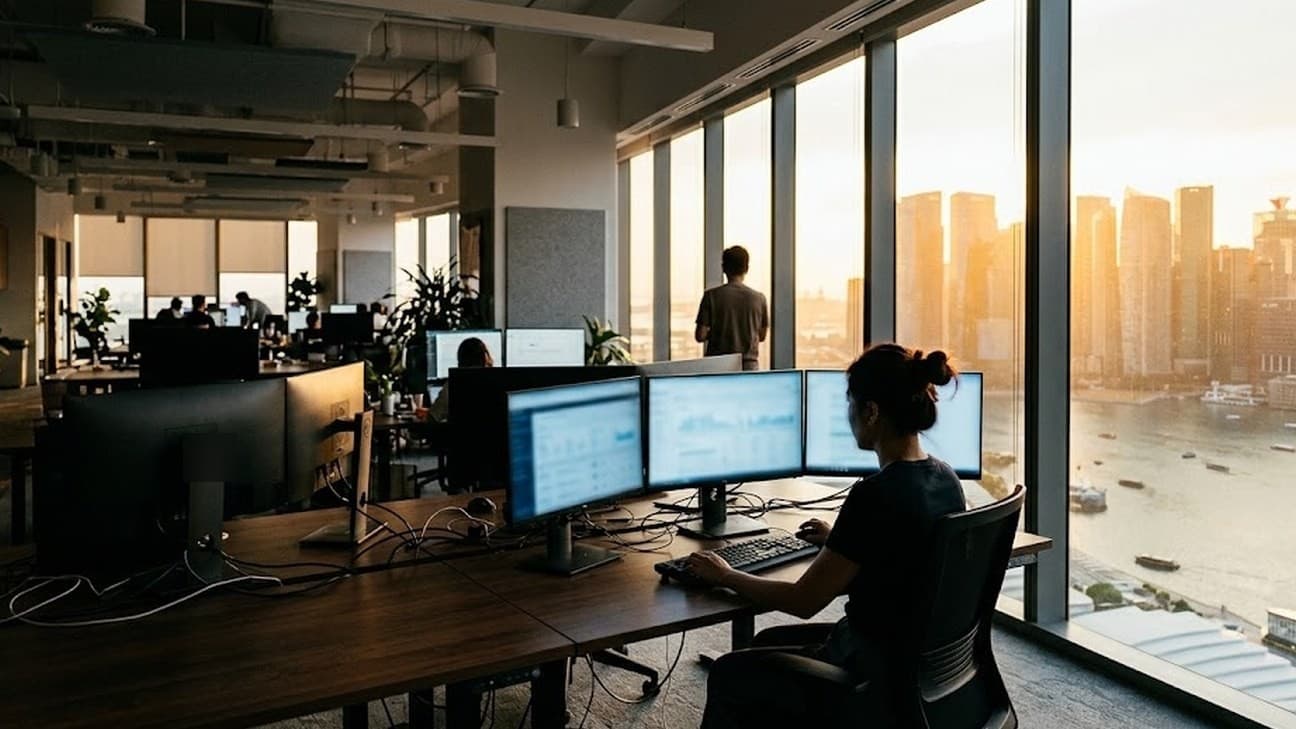 Photorealistic photograph of an open-plan technology office on a high floor of a Singapore skyscraper at golden hour, floor-to-ceiling windows showing the Marina Bay skyline, an anonymous employee seated at a multi-monitor desk in the foreground seen from behind and a second employee standing near the window facing the skyline, both out of frame of identification.