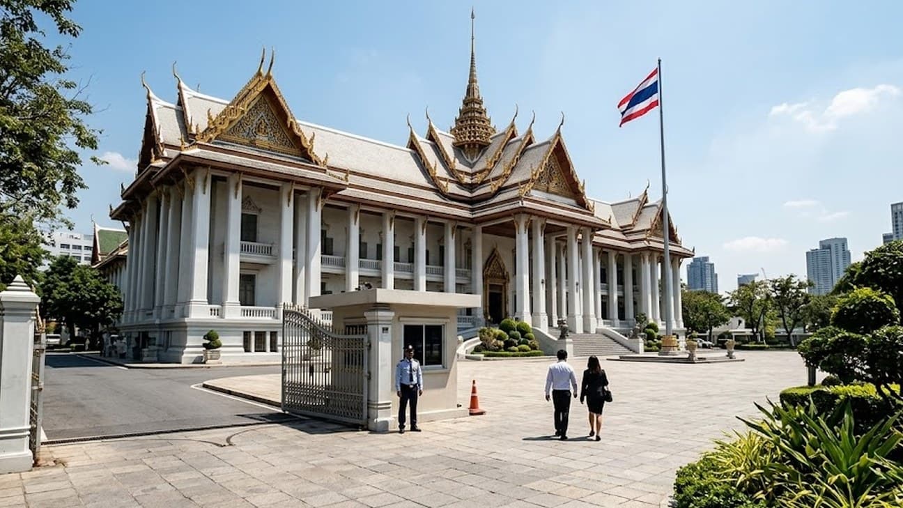Photorealistic exterior photograph of a stately Thai government building in Bangkok with a colonnaded white facade and ornate gold-trimmed traditional Thai roof gables, a Thai national flag flying in the forecourt under hard midday sun, a uniformed security guard at the gatehouse and two office workers walking toward the entrance, small in frame relative to the building, with the modern city skyline visible behind.