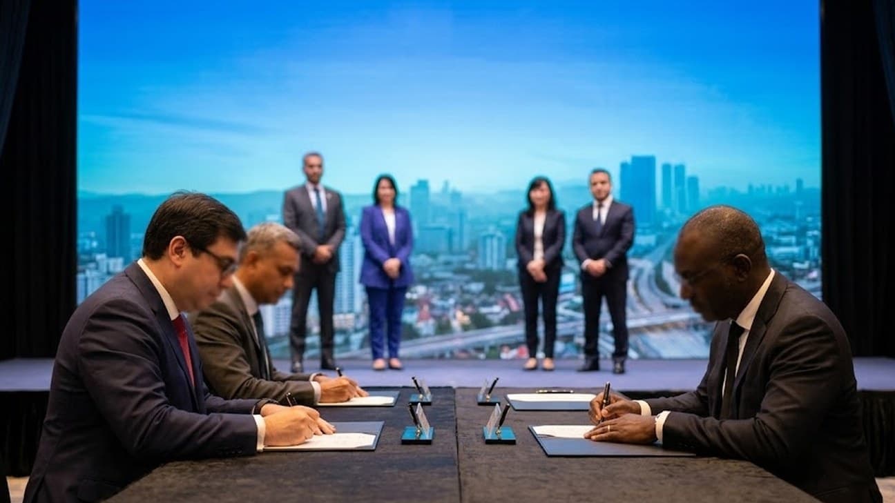 Photorealistic editorial photograph of two anonymous business executives seated at a table signing documents on a stage, with four anonymous colleagues standing behind them and a blurred city skyline projected on a large screen backdrop.