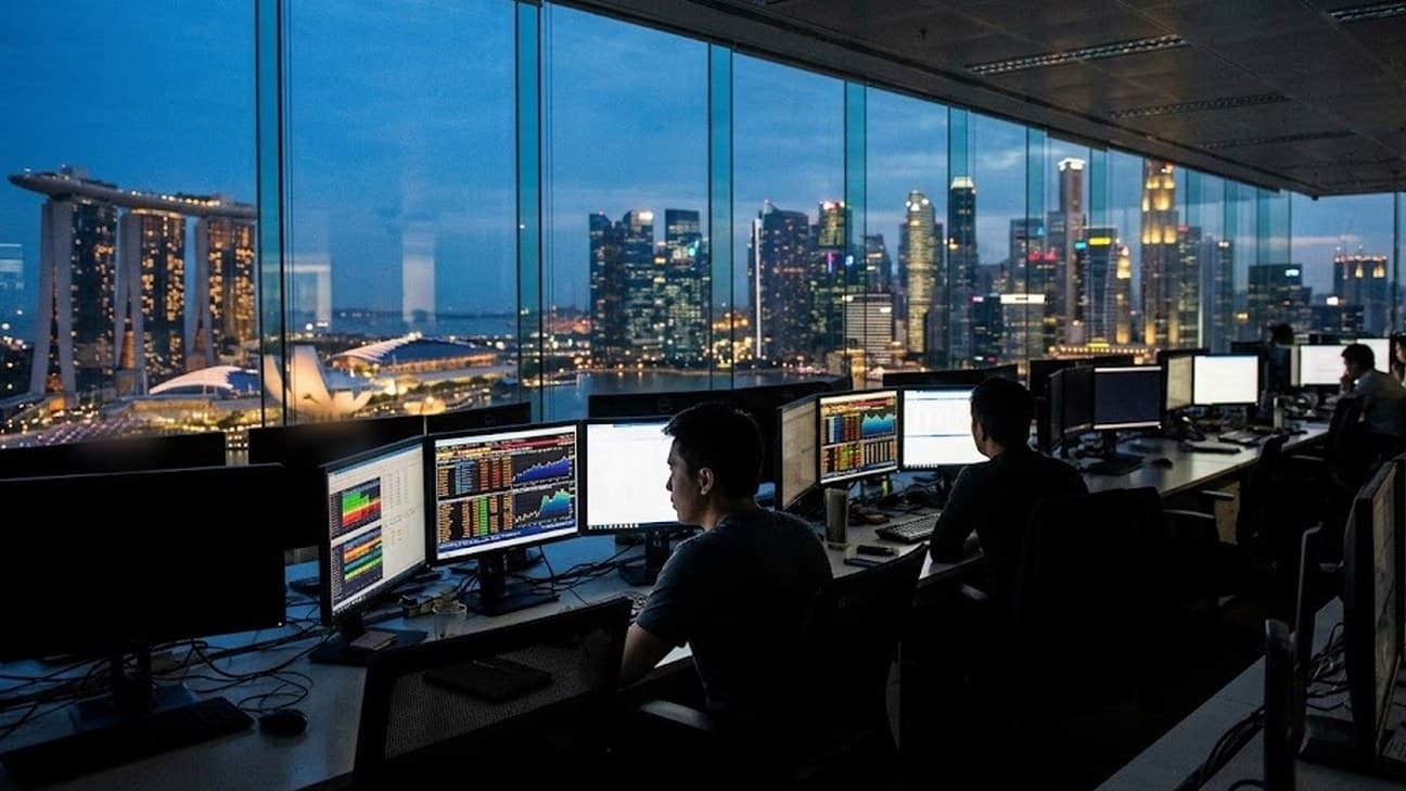 Photorealistic wide shot of the Monetary Authority of Singapore building exterior at blue hour, with a lone security guard crossing the forecourt, illuminated financial district skyline in the background.
