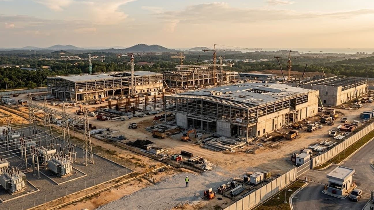 Photorealistic aerial photograph at golden hour of a data-centre campus under construction in tropical Southeast Asia, showing steel structural framing, tower cranes, an electrical substation with transmission lines, a perimeter security fence with a gatehouse, and a single small, distant, anonymous construction worker in a hi-vis vest standing near ground-level equipment.