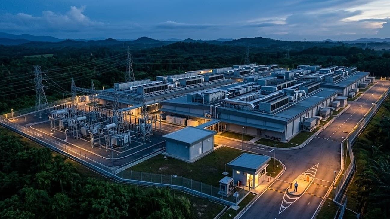 Aerial view of an AI data-centre campus under construction at dusk, with a security guard at a perimeter checkpoint.