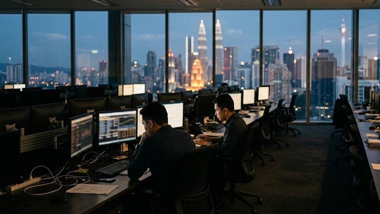 A wide editorial photograph inside a Kuala Lumpur bank's settlement and treasury operations floor at dusk, long rows of dark monitors glowing along the desks and the lit city skyline visible through floor-to-ceiling glass; two analysts at their workstations, one seen from behind and one in side profile, lit by monitor glow.