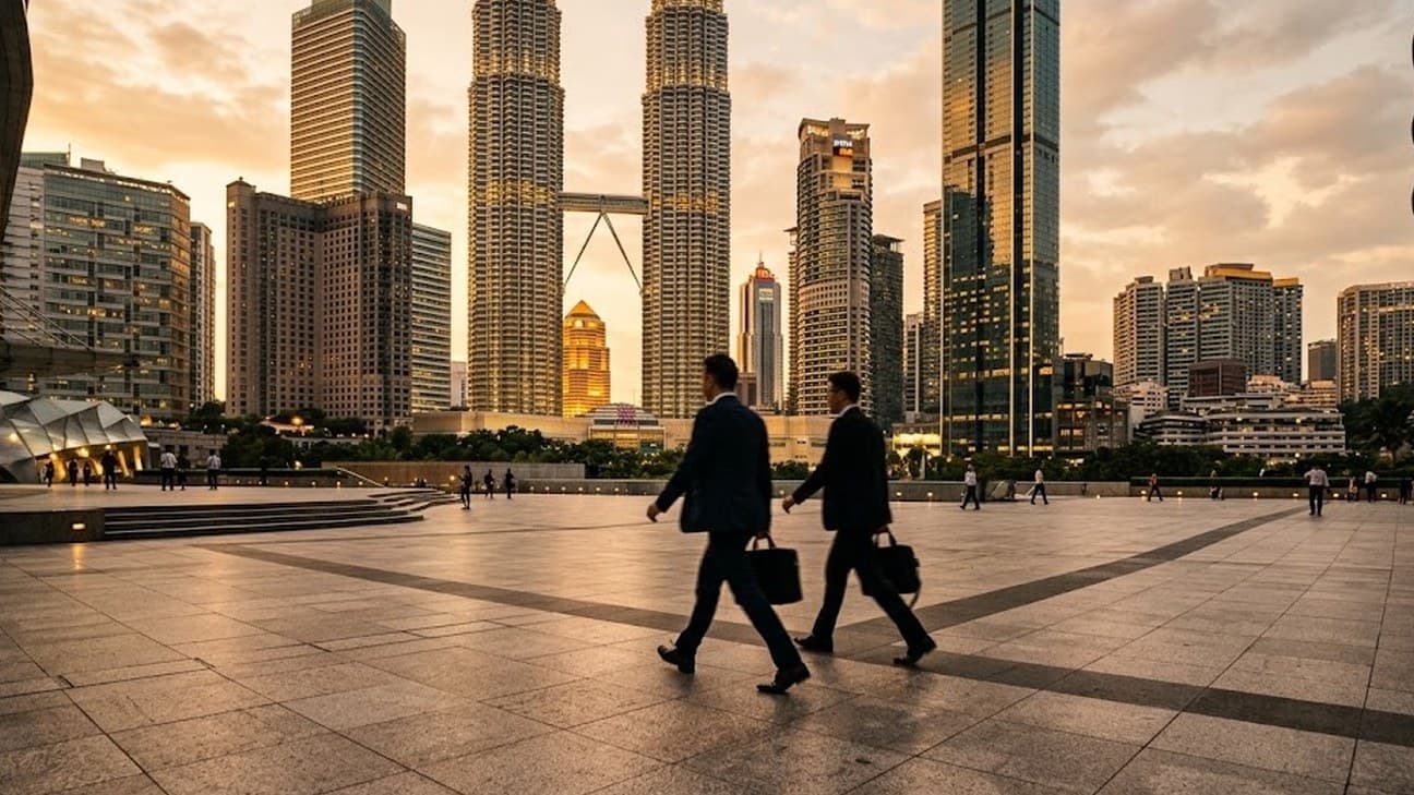A wide golden-hour editorial photograph of a modern financial district in Kuala Lumpur, Malaysia: glass-and-steel office towers rising against a warm amber sky, with two anonymous business professionals in dark suits carrying briefcases walking across an open granite plaza, seen from behind.