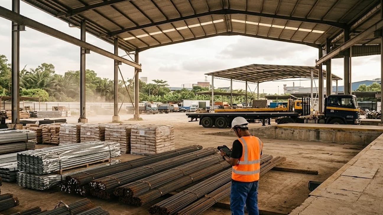 A wide editorial photograph of a Malaysian building-materials supply yard: stacks of steel reinforcing bars, galvanised sheeting and construction materials under a warehouse canopy, with a single anonymous worker in a hi-vis vest and hard hat seen from behind, checking inventory on a handheld tablet in warm overcast daylight.