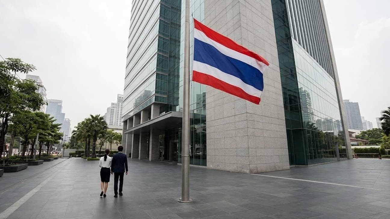 A wide editorial photograph of a modern stock-exchange and securities-regulator building in Bangkok's financial district under overcast midday light, glass-and-stone facade rising above a paved forecourt, with two anonymous office workers in business dress crossing the plaza seen from behind, small in frame against the tower.
