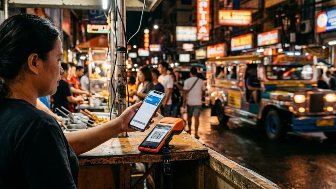 A medium editorial photograph at street level in a Manila night market: a QR-code payment reader clipped to a food stall and a hand holding a smartphone showing a generic mobile-wallet screen, warm neon signage and motion-blurred passing traffic behind, shallow depth of field, no legible brand marks or text.