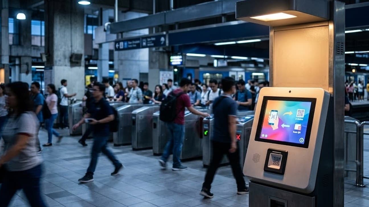 A wide editorial photograph of a Manila transit-station concourse at pre-dawn blue hour, commuters mid-motion-blur tapping through e-payment gates, a QR payment kiosk in sharp focus in the foreground, no legible text or logos.