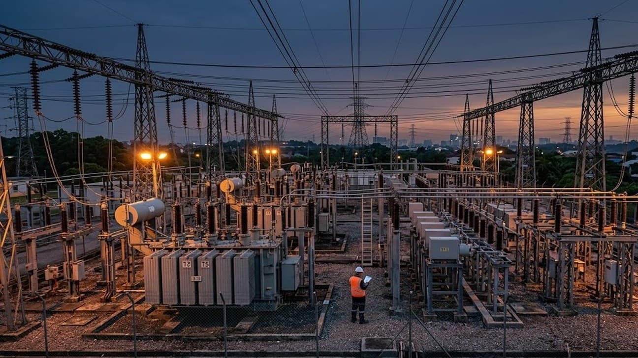 A wide editorial photograph of a dense high-voltage electrical substation in Johor, Malaysia, at dusk — rows of large power transformers and stacked switchgear tightly packed within a fenced industrial yard, multiple crossing overhead power lines and insulator strings radiating outward at different heights, sodium-vapor floodlights glowing amber against a darkening indigo sky, a hazy skyline on the horizon. A lone utility engineer in a hi-vis vest and hard hat stands amid the transformer banks, back to camera, inspecting a handheld device, face not visible.