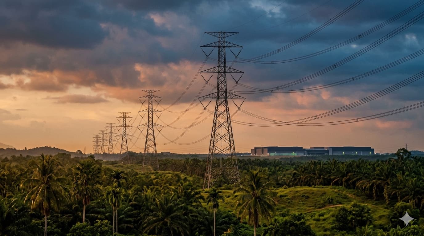 High-voltage transmission towers and power lines stretch across a tropical Malaysian landscape at dusk, with the silhouette of a large data-centre complex in the distance.