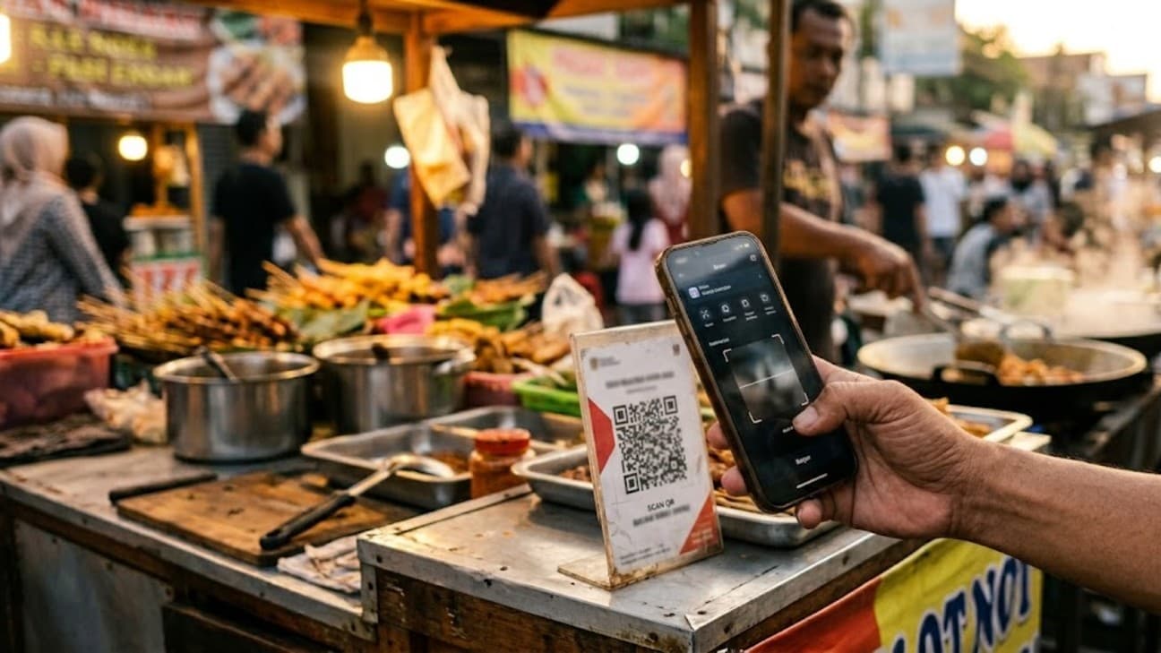 A close-up of a hand holding a smartphone with a digital wallet open, scanning a printed QR code stand on the counter of a busy Indonesian street-food stall in warm late-afternoon light, shot in the style of an editorial wire photograph.