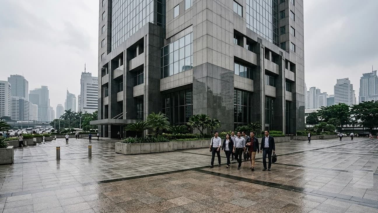 A group of office workers cross the paved forecourt of a financial-regulator headquarters tower in Jakarta under overcast equatorial daylight, city skyline behind