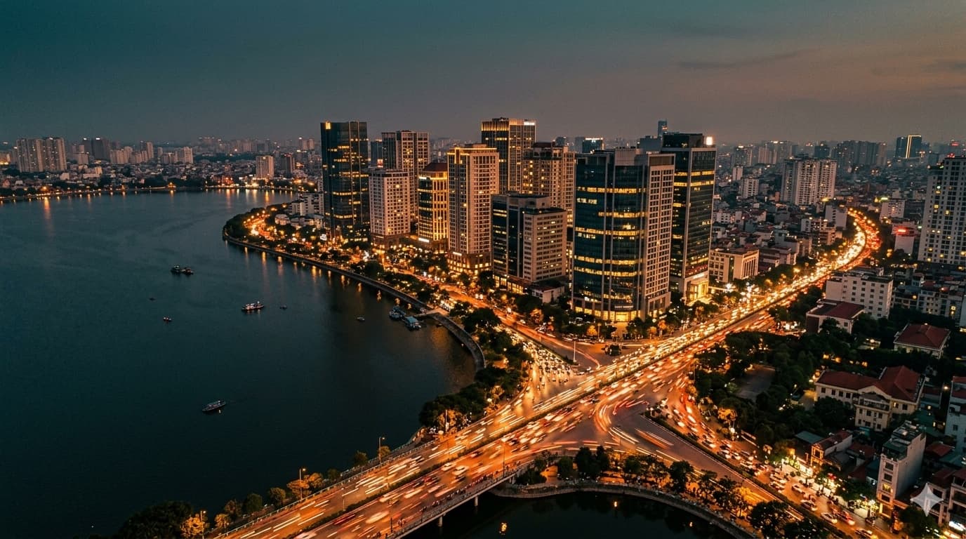 Aerial dusk view of central Hanoi with West Lake on the left, mid-rise office towers of the financial district lit from within, and a multi-level lit road interchange in the foreground with traffic streaks under a hazy navy-and-amber sky