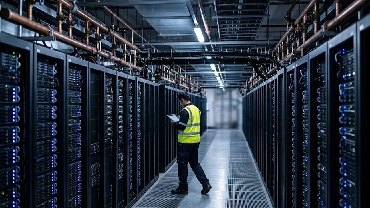 Photorealistic photograph of a high-density data-centre server corridor with copper liquid-cooling pipes running along the ceiling and blue LED status lights on the racks, an anonymous technician in a hi-vis vest walking down the aisle while checking a tablet.