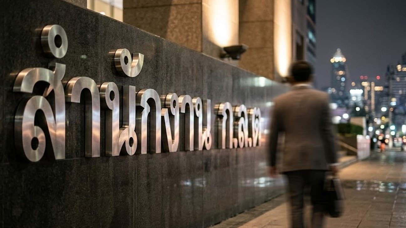 Photorealistic nighttime photograph of a Thai financial regulator's brushed-metal Thai-script signage illuminated on a dark stone building facade in Bangkok, a single anonymous figure in business attire walking past in the foreground, softly out of focus, city lights reflecting off the polished metal lettering.