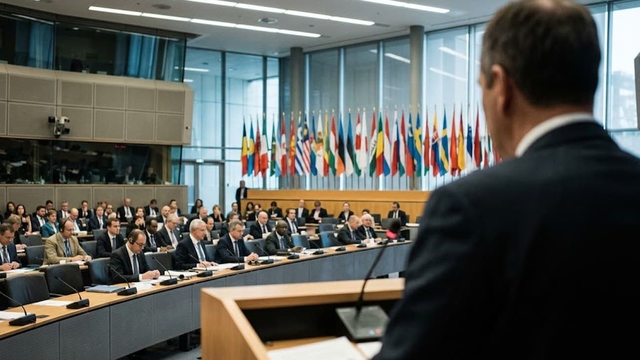 Photorealistic editorial photograph of a multilateral conference hall, an anonymous official seen from behind and out of focus addressing a lectern, facing rows of seated delegates under fluorescent lighting with a row of national flags on stands behind the lectern.